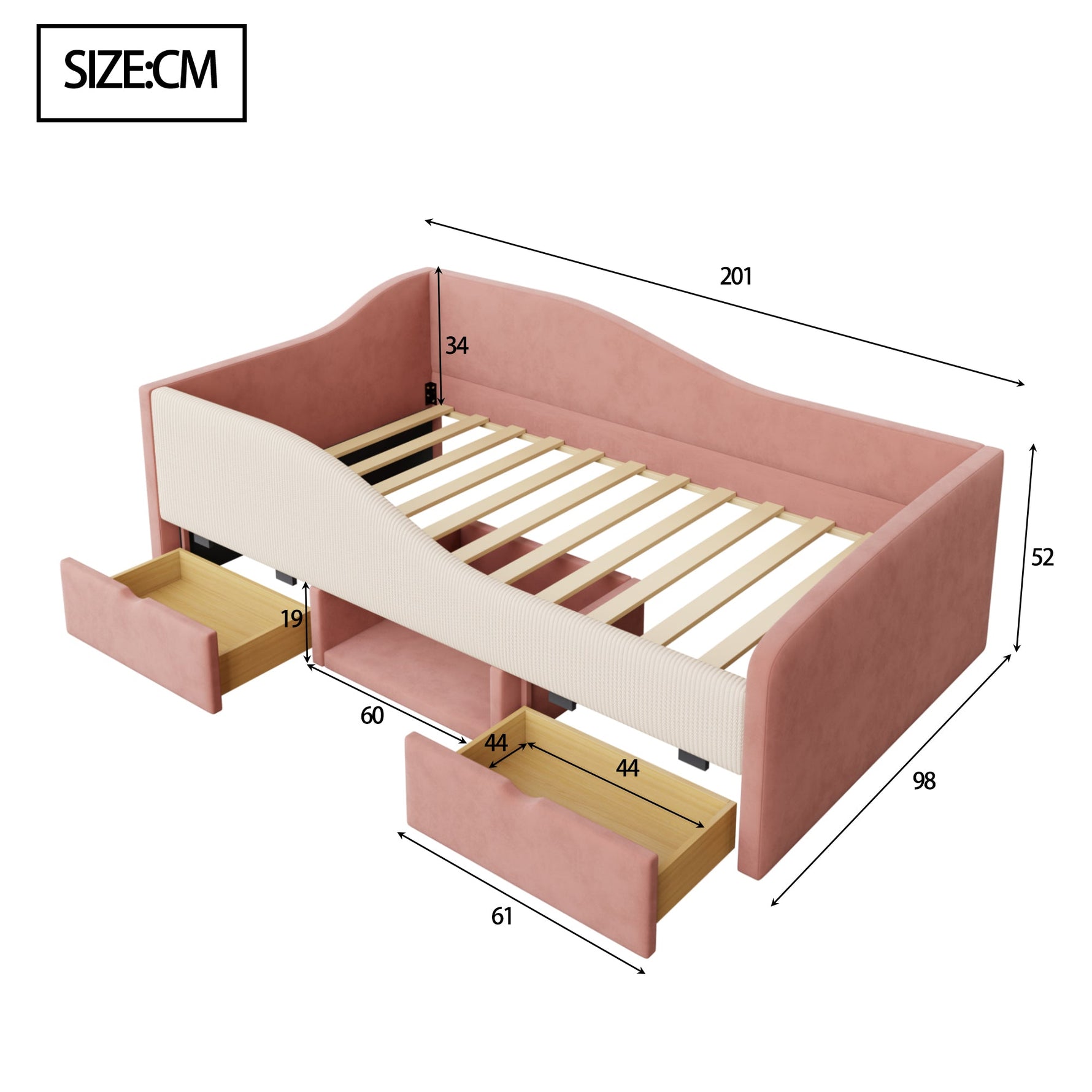 Upholstered Sofa Bed 90x190cm Multifunctional with Two Drawers and Railings Pink/Cream Velvet
