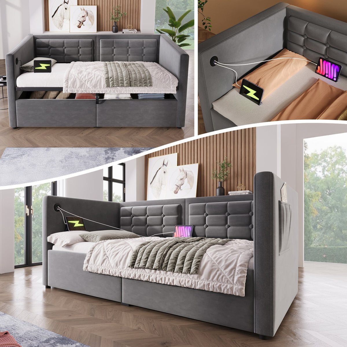 Sofa Bed, Upholstered with Hydraulic Storage, USB & Type-C Charging, Gray Velvet