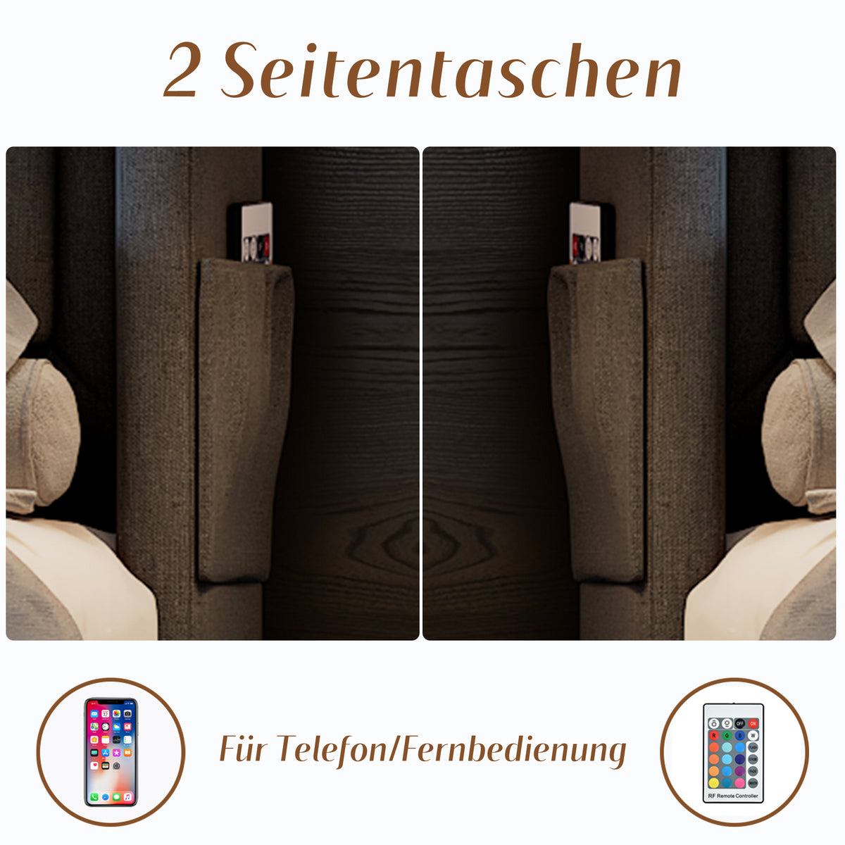Upholstered Double Bed 180x200cm with LED & 4 Drawers, Grey