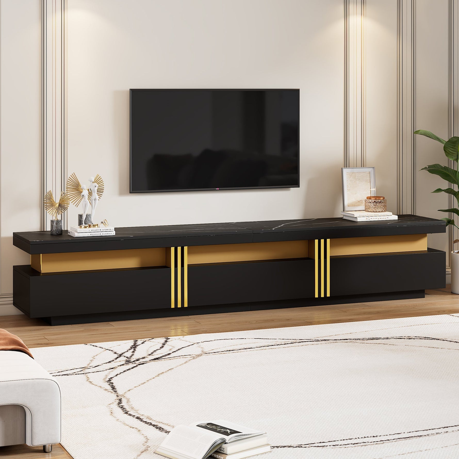 Lowboard TV Cabinet, Modern Marble Look with 3 Drawers, for up to 90-inch TVs
