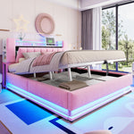 Smart Upholstered Bed with LED Lighting, USB and Hydraulic Storage, 180 x 200 cm, Pink Velvet