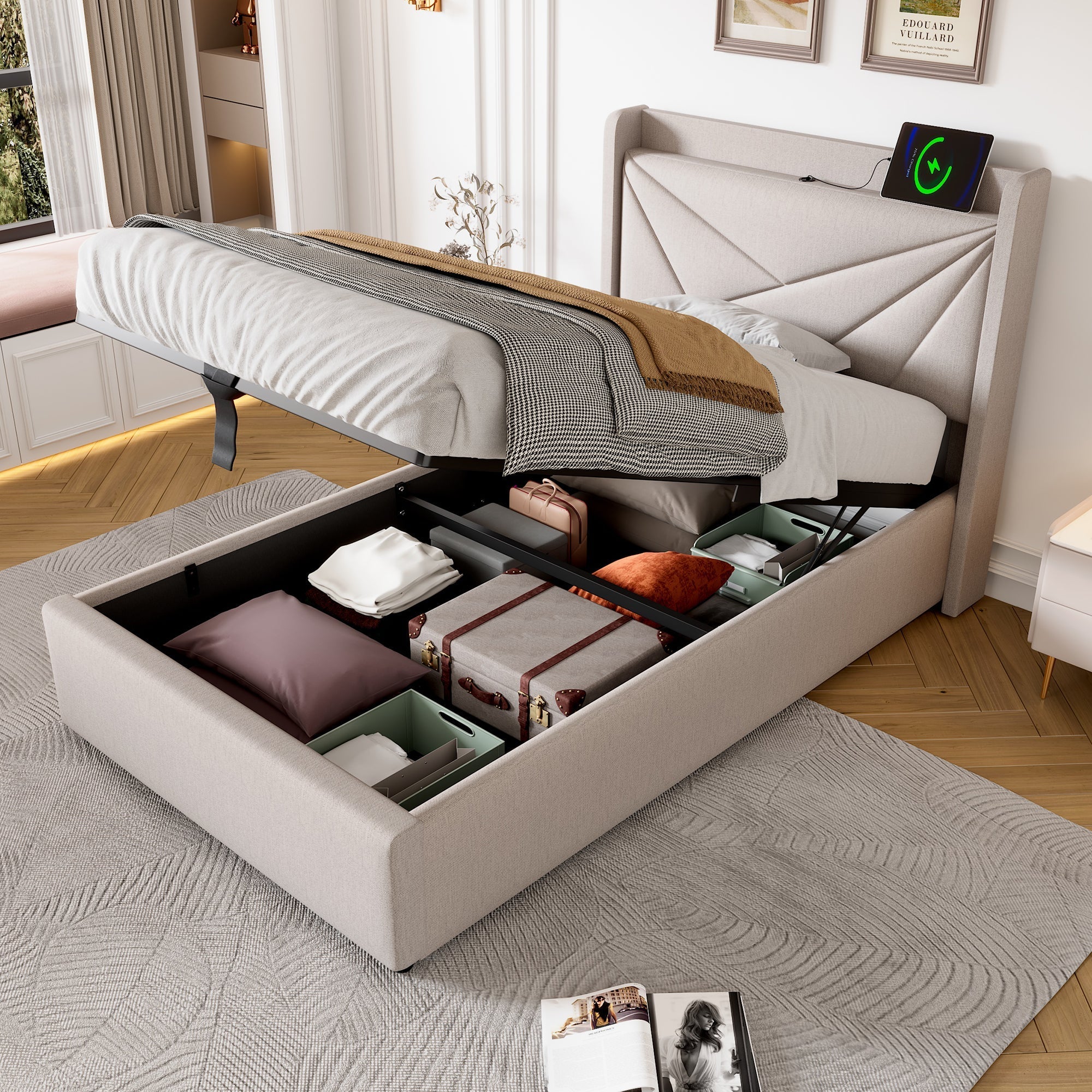 Upholstered Bed, Single with Storage & USB Type-C Headboard, Linen