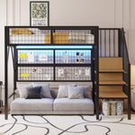 Metal Loft Bed 90x200 LED Lights Storage Stairs Wardrobe, Black