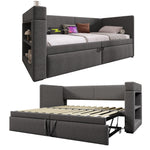 Upholstered Daybed 90x200cm, Single Sofa Bed Pull-Out, USB/Type-C Charging, Linen Blend Fabric Grey