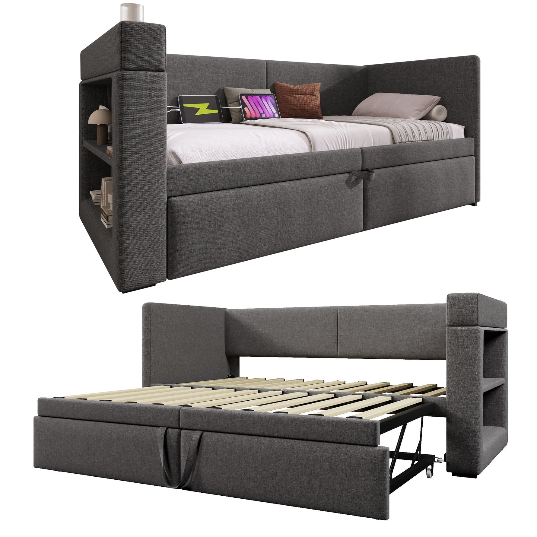 Upholstered Daybed 90x200cm, Single Sofa Bed Pull-Out, USB/Type-C Charging, Linen Blend Fabric Grey