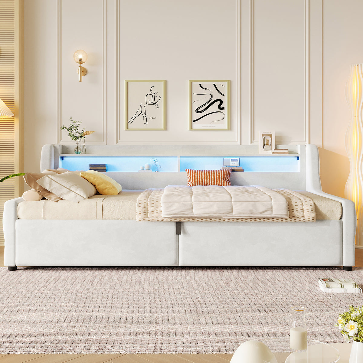 90x200 Platform Bed with Hydraulic Storage & LED, Beige Velvet