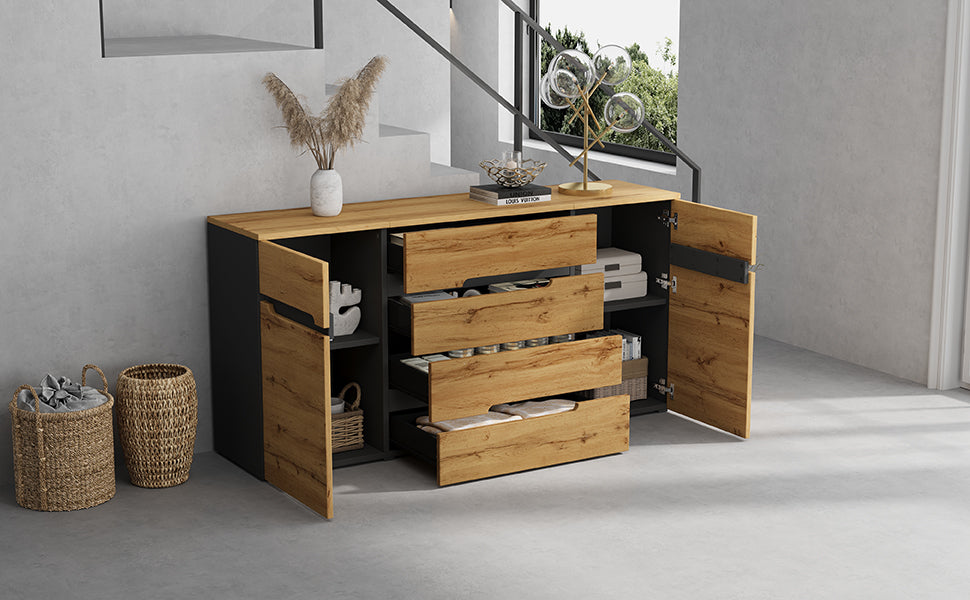 Sideboard Cabinet with 2 Doors, 4 Drawers, Handleless, Wood Color + Black