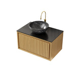 Wall-Hung Bathroom Sink 61cm Black Ceramic Bowl Sintered Stone Top Drawer - Corolla Oak