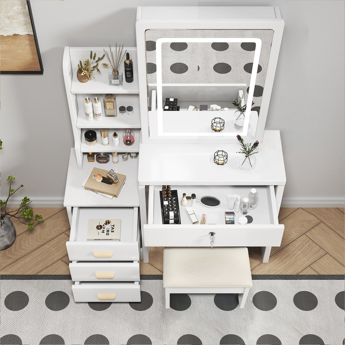 Dressing Table Set with 3-Color LED Mirror, Stool & 4 Drawers, White