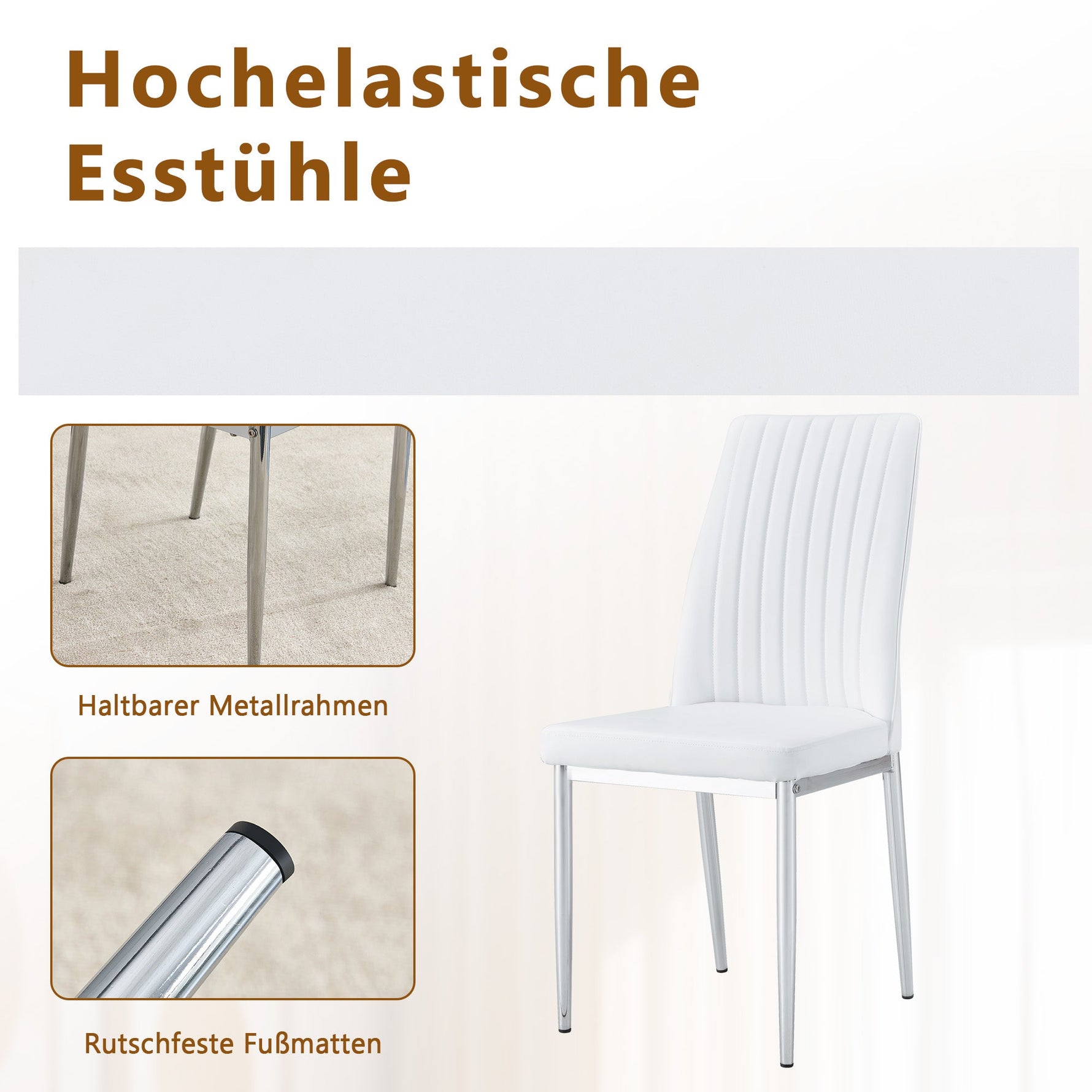 Dining Table Set, Minimalist 85cm Glass Table with 4 Chairs, White Faux Leather