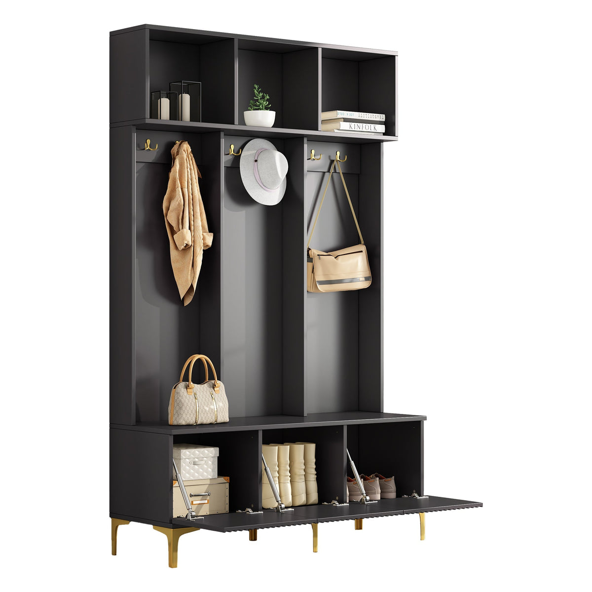 Wardrobe Set with Bench, Multifunctional Storage, Open Storage, 6 Golden Hooks, Black