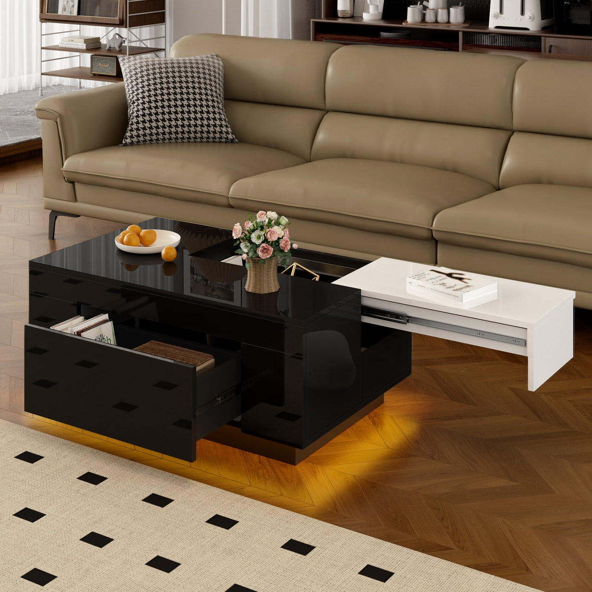 High-gloss Coffee Table with LED Lighting, Extendable, Storage, Black and White