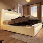 Double Bed 180x200cm Hydraulic Storage LED USB Charging Curved Headboard Beige Velvet