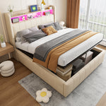 Upholstered Bed 140x200cm with Storage & LED, Beige Linen
