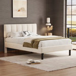 Upholstered Bed 140x190 Slatted Base Iron Legs Sherpa Fabric Beige