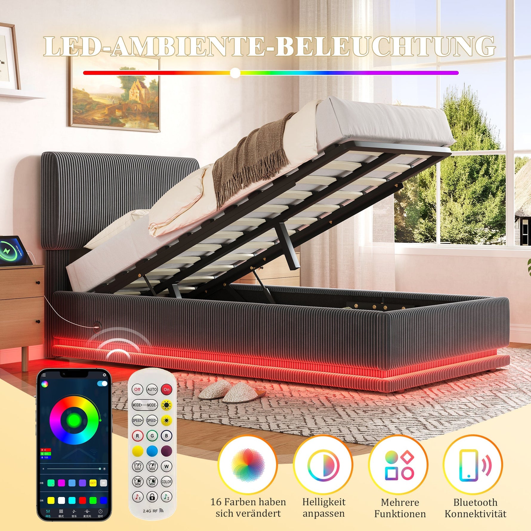 Modern Upholstered Bed with LED, USB-C Charging and Storage, 90x200, Gray Corduroy