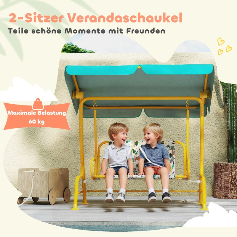 Children's Hollywood Swing with 2 Seats, Adjustable Canopy and Safety Belt, Green