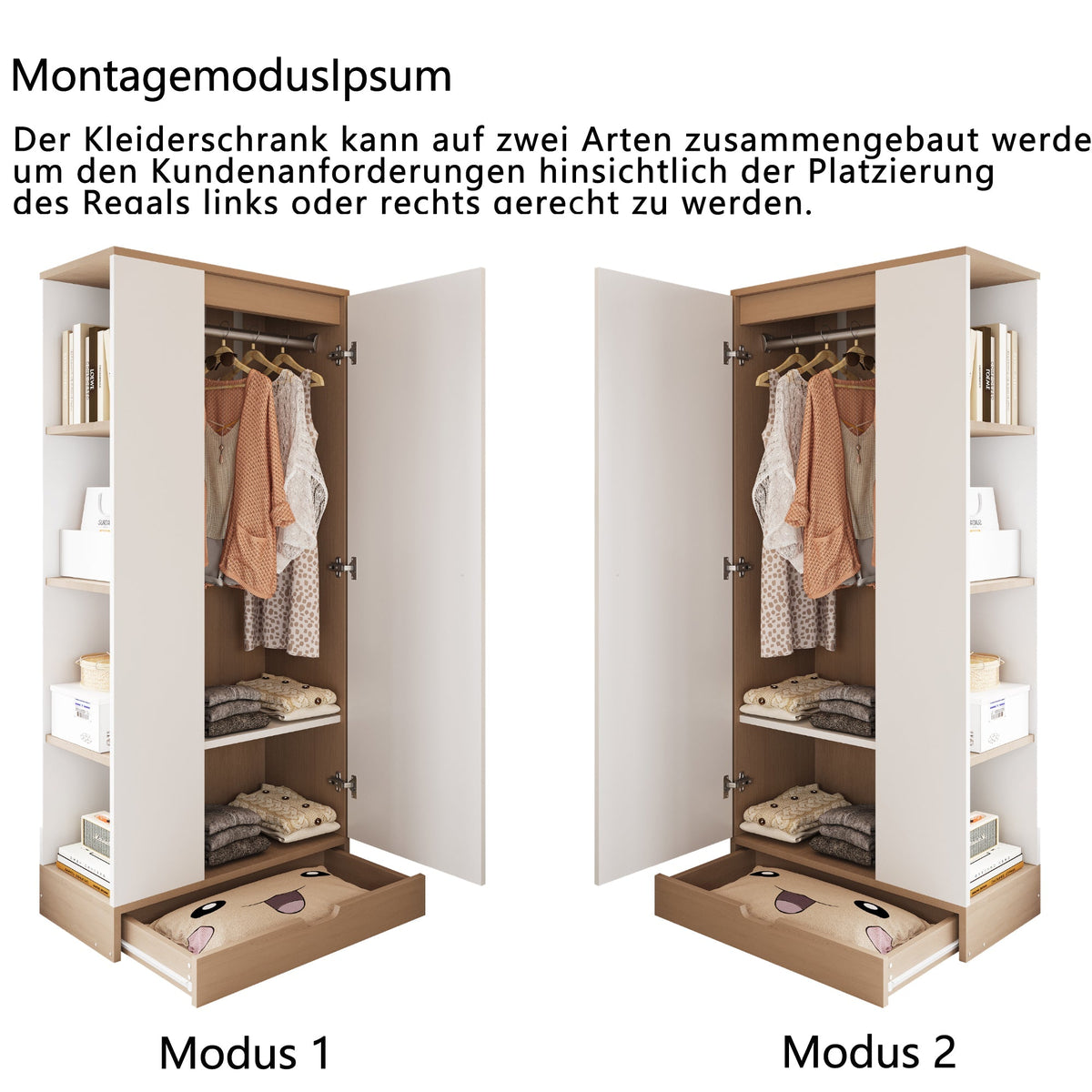 Wardrobe 70x40x170cm Single Door with Shelves and Drawers, Natural Wood/White