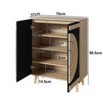 Modern Shoe Cabinet with Geometric Doors and Multi-Level Storage, Black and Natural Wood