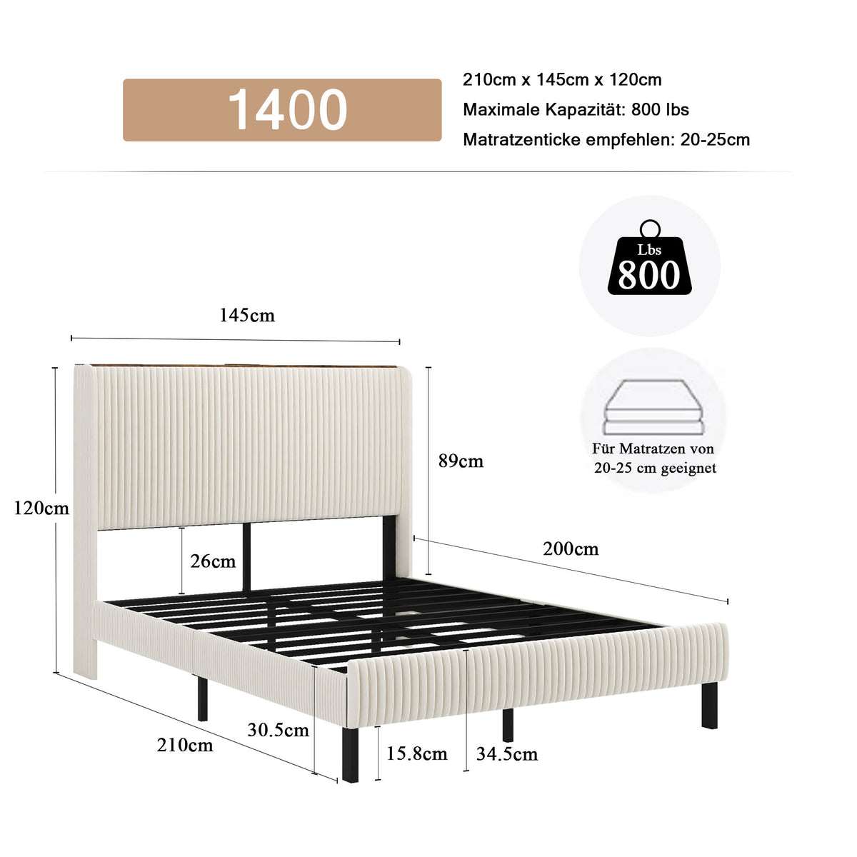 Bed Frame 140x200 Upholstered Platform Wing Edge Design Metal Slats Fabric Headboard