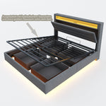 Upholstered Bed 140x200 cm, Hydraulic Floating with Storage, USB & LED, Reversible Headboard, Linen Grey