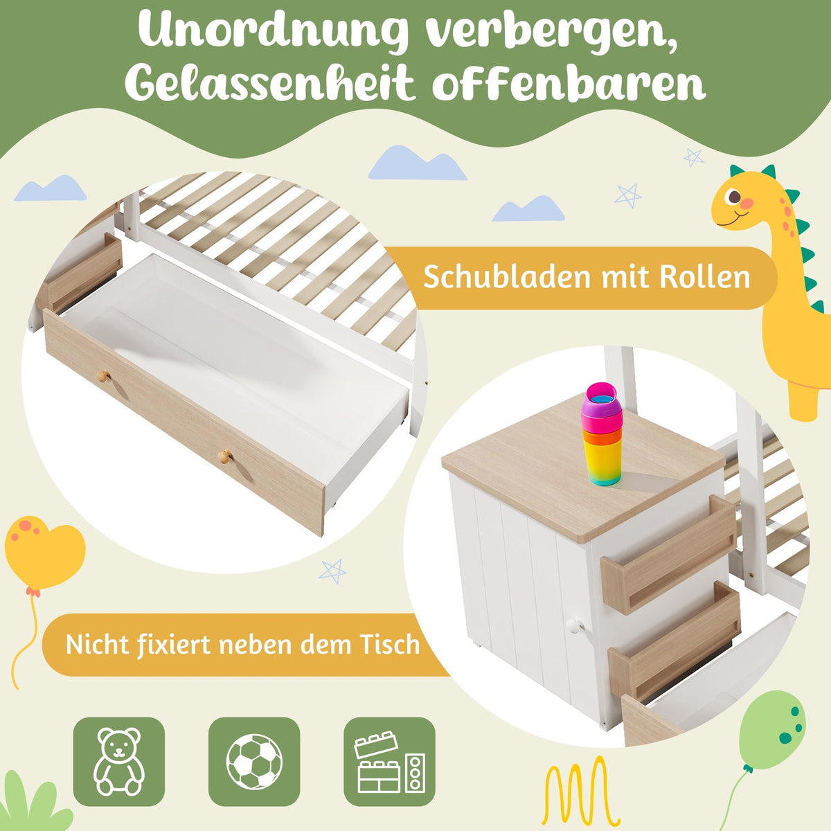 House Bed Children's Bed 90x200cm Solid Wood with Drawers & Removable Nightstand - White & Oak White