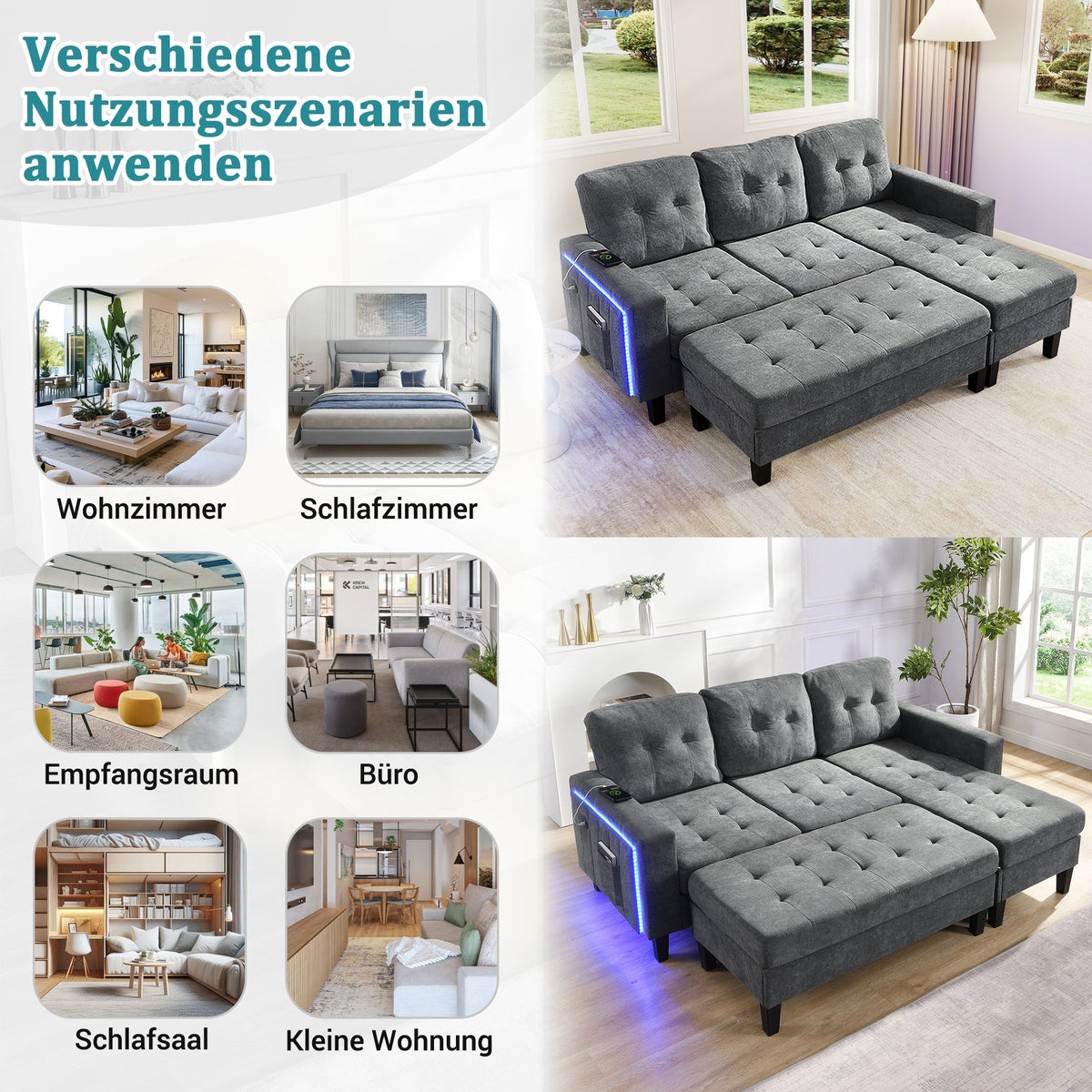 L-Shaped Sofa Set, Multifunctional with Movable Footstool & LED Lighting, Modern Modular