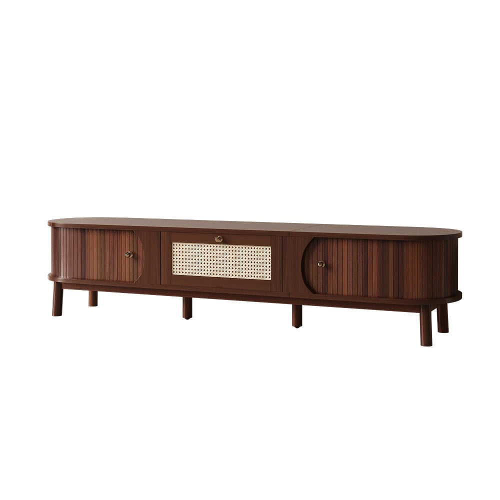 TV Cabinet Natural Wood Doors Rattan Drawers Rustic Storage