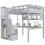 Solid Wood Loft Bed 140x200 with Desk, Storage & LED, Grey