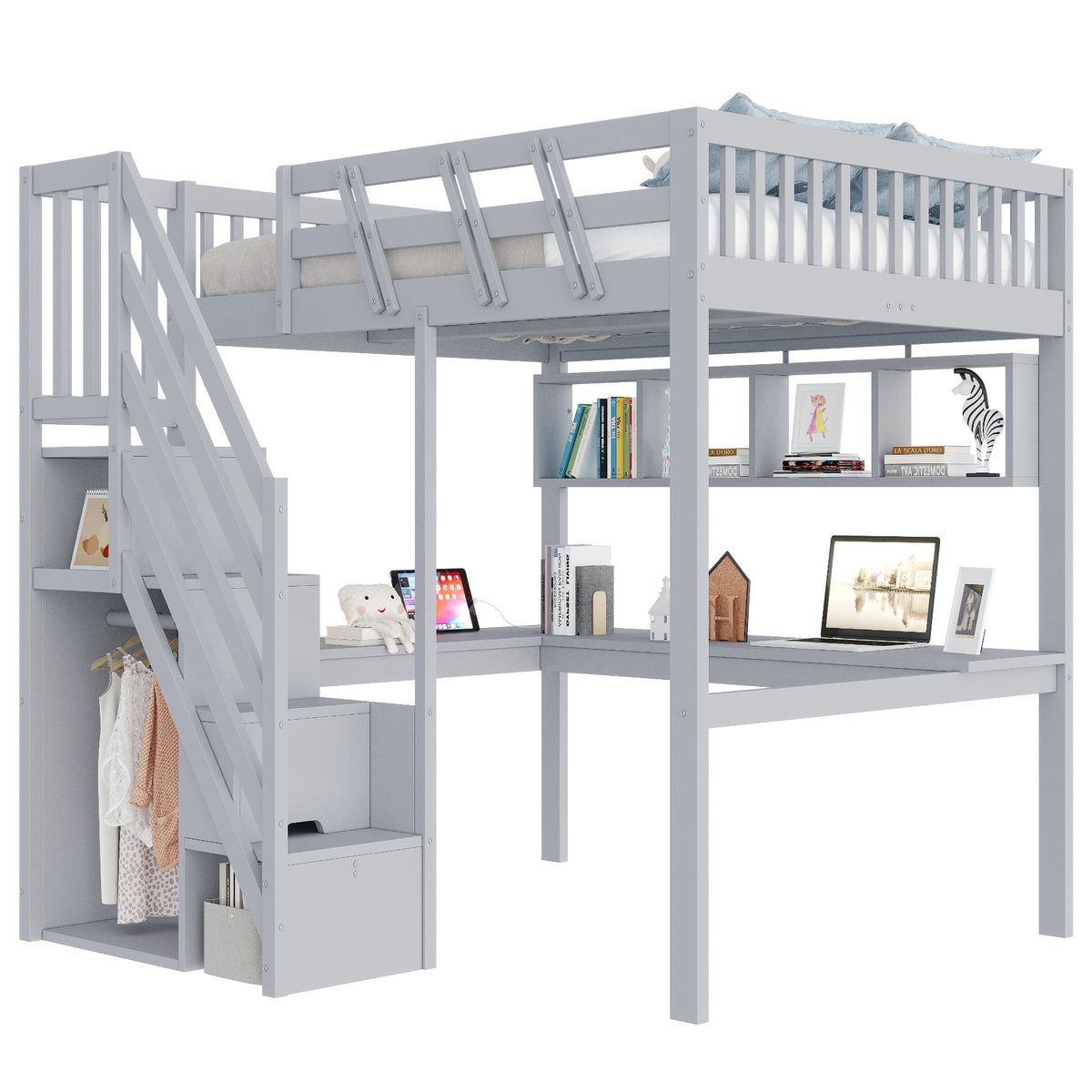 Solid Wood Loft Bed 140x200 with Desk, Storage & LED, Grey