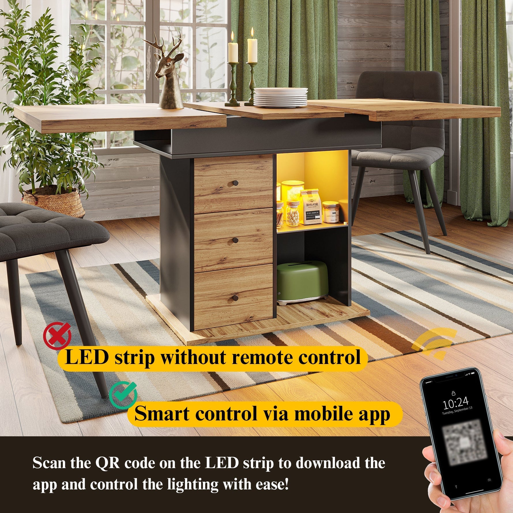 Telescopic Dining Table with Extendable Top and LED Lighting, Black