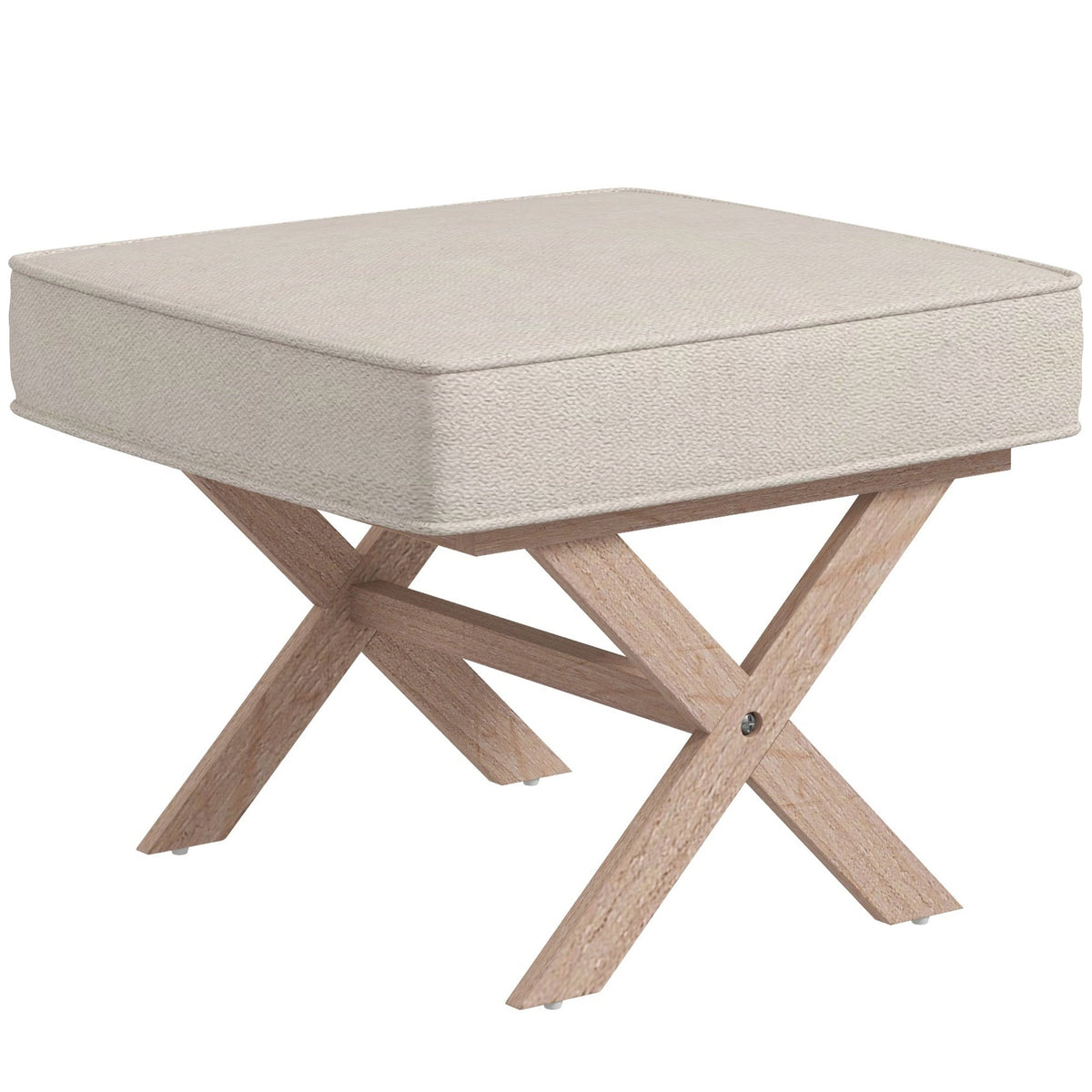 Ottoman Upholstered Bench Footstool with Padded Seat Wooden Footrest, Cream White