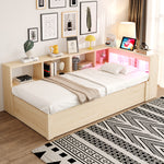 Sofa Bed 90x200cm with Hydraulic Storage & LED, Wood Color