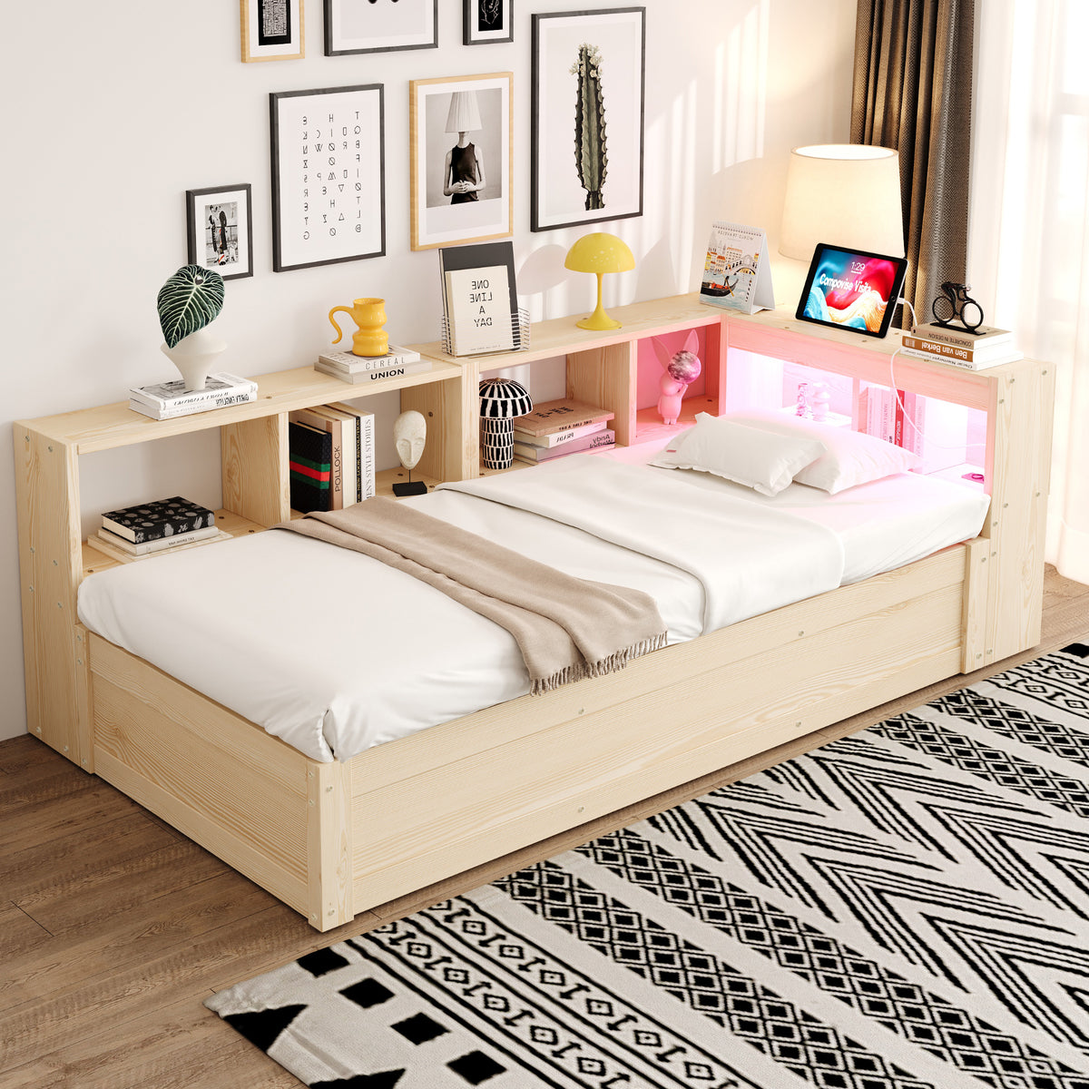 Sofa Bed 90x200cm with Hydraulic Storage & LED, Wood Color