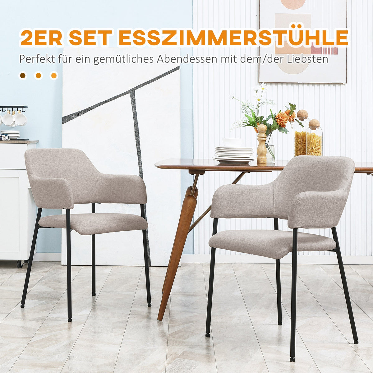Dining Chairs Set of 2, Upholstered Steel Legs, Beige