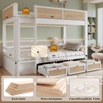 Children's Bunk Bed with 3 Drawers & Rattan Railing, White Pine Wood