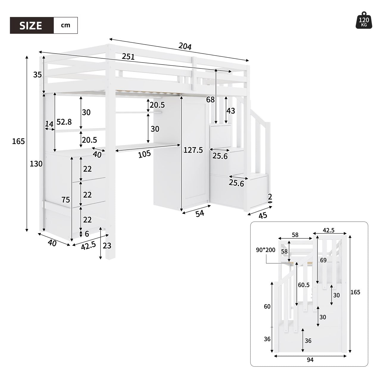 Bunk Bed 90x200cm with Desk, Wardrobe, Stair Storage - White