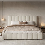 Upholstered Double Bed with Hydraulic Storage and Slatted Frame, 160x200cm, White Bouclé