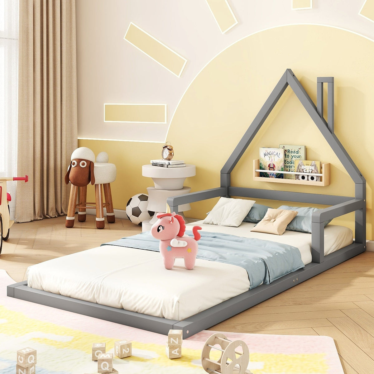 House Bed 90x200cm Flat Bed Simple Design Solid Pine - Grey