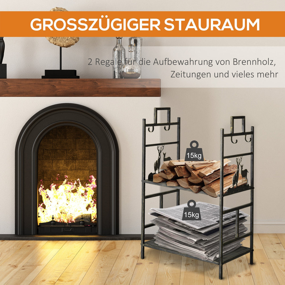 Firewood Stand, Fireplace Tools Storage, Iron Gold