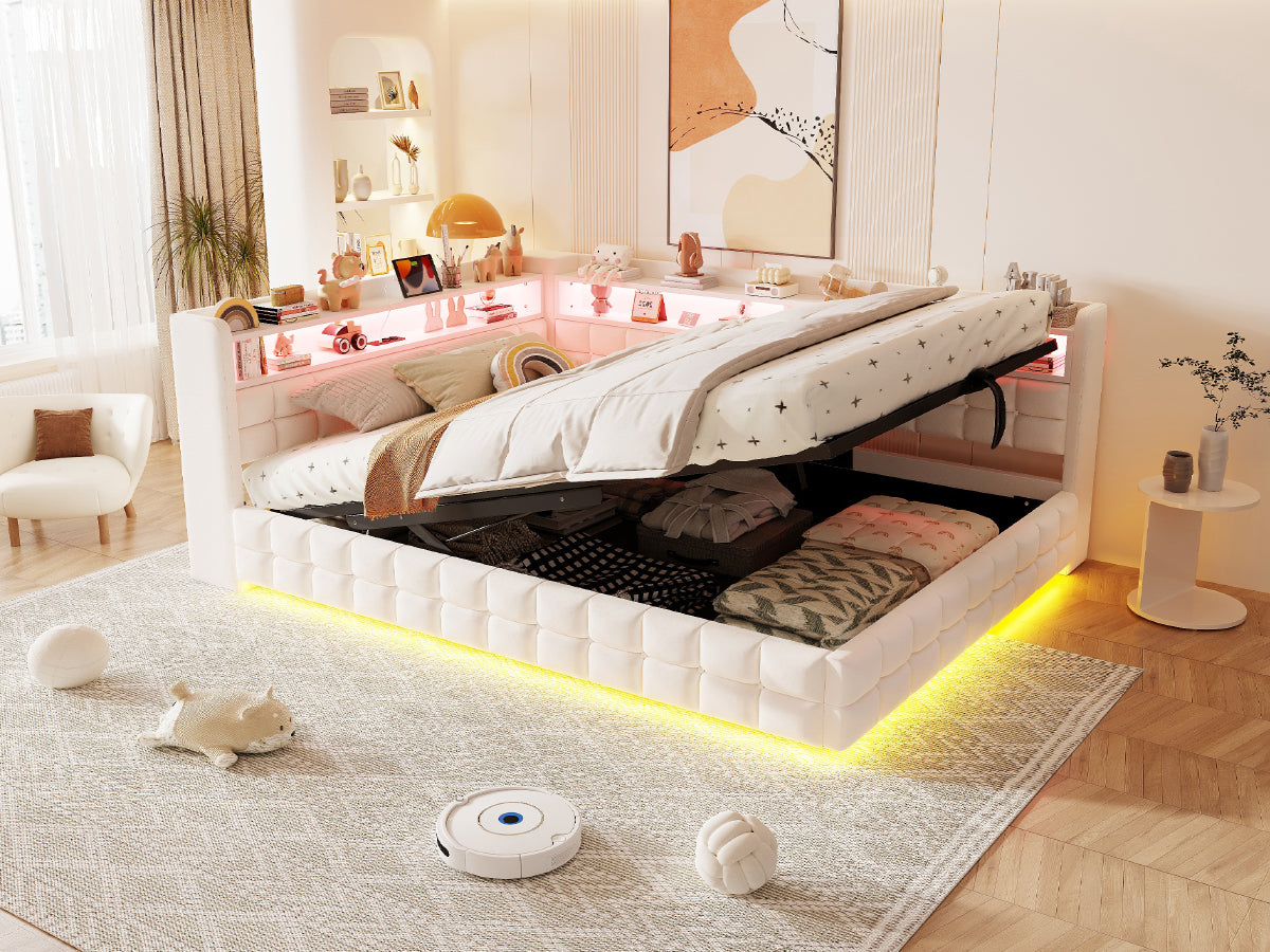 Upholstered Sofa Bed 140x200cm with Storage & LED, Beige Velvet
