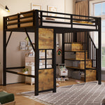 Loft Bed 140x200 cm with Storage Ladder, Black Iron Frame