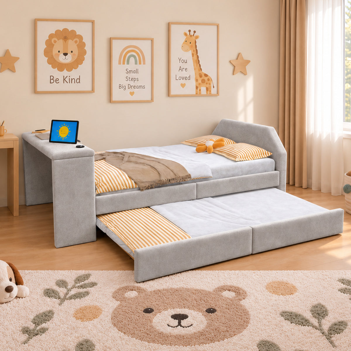 Upholstered Kids Bed 90x200 with Desk & Trundle, Grey Velvet