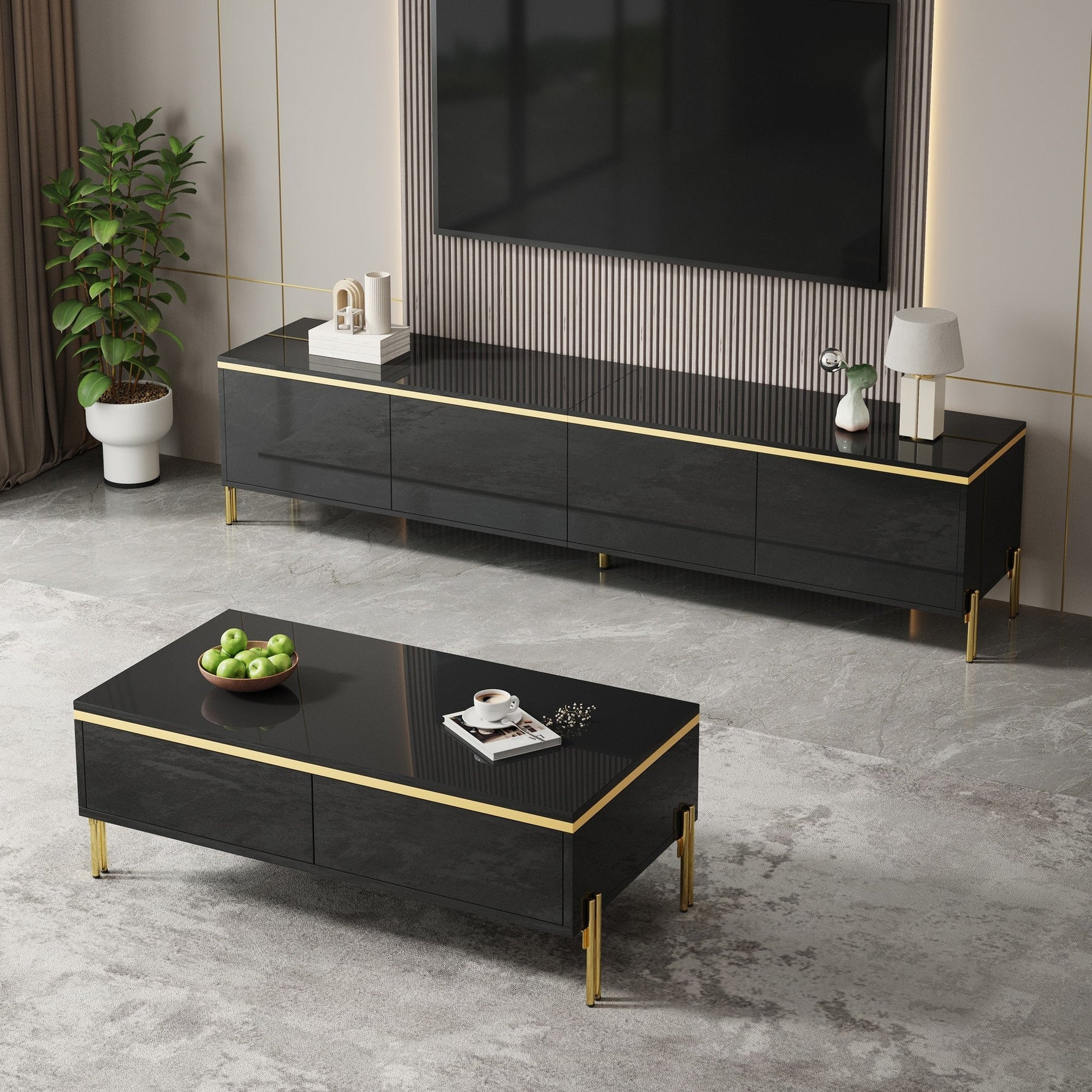 Modern Luxury TV Cabinet & Coffee Table Set - High-Gloss Gold Edges Storage