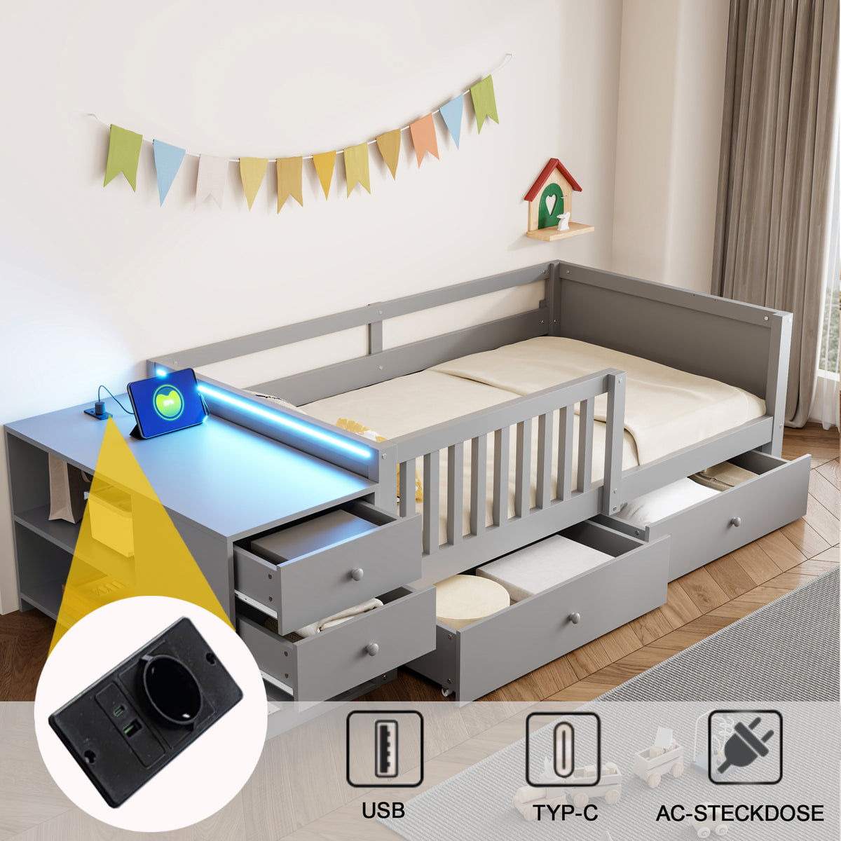 Children's Bed 90x200cm with Desk, LED & Storage Drawers, Grey