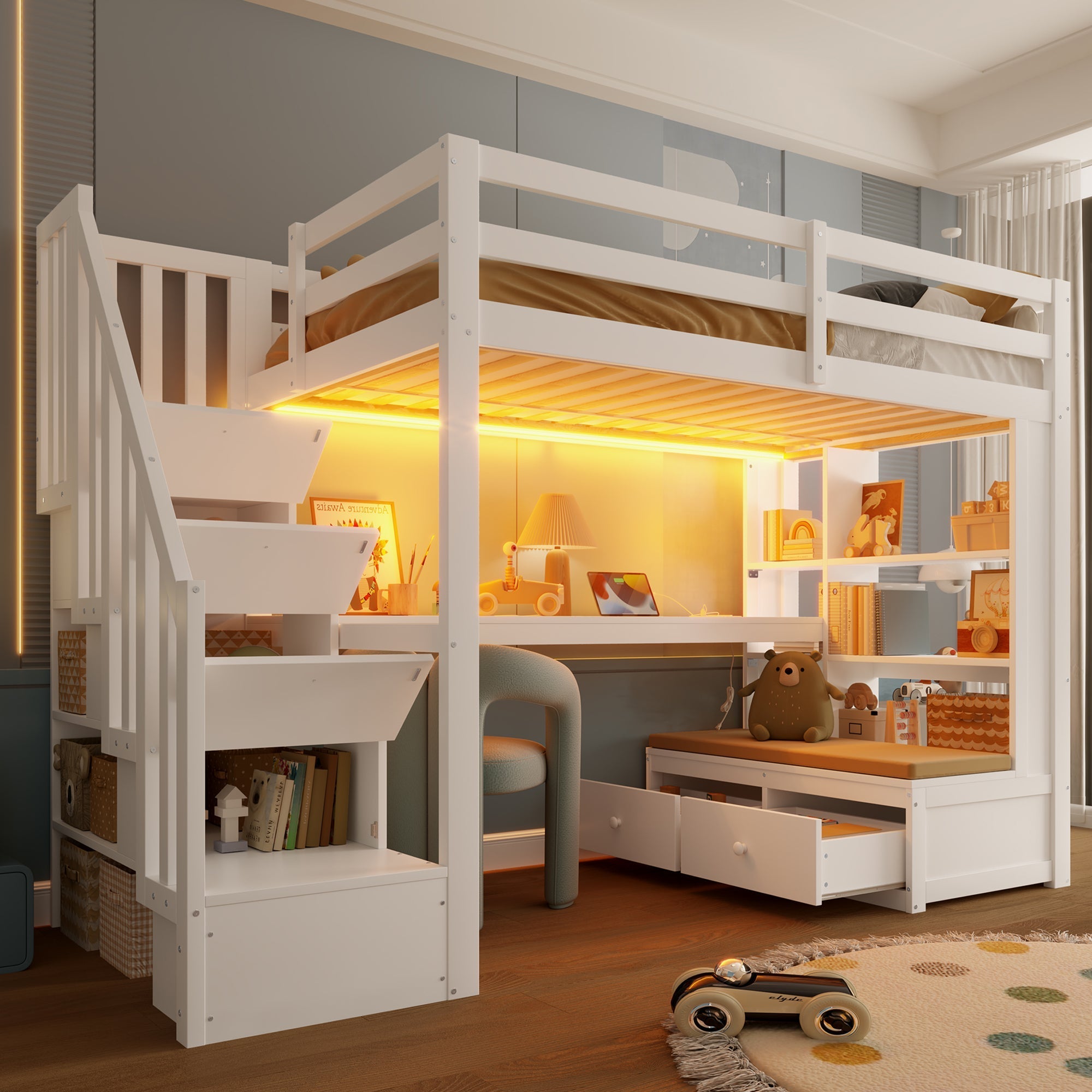 Loft Bed 90x200cm Desk Shelves Drawers Storage Stairs White