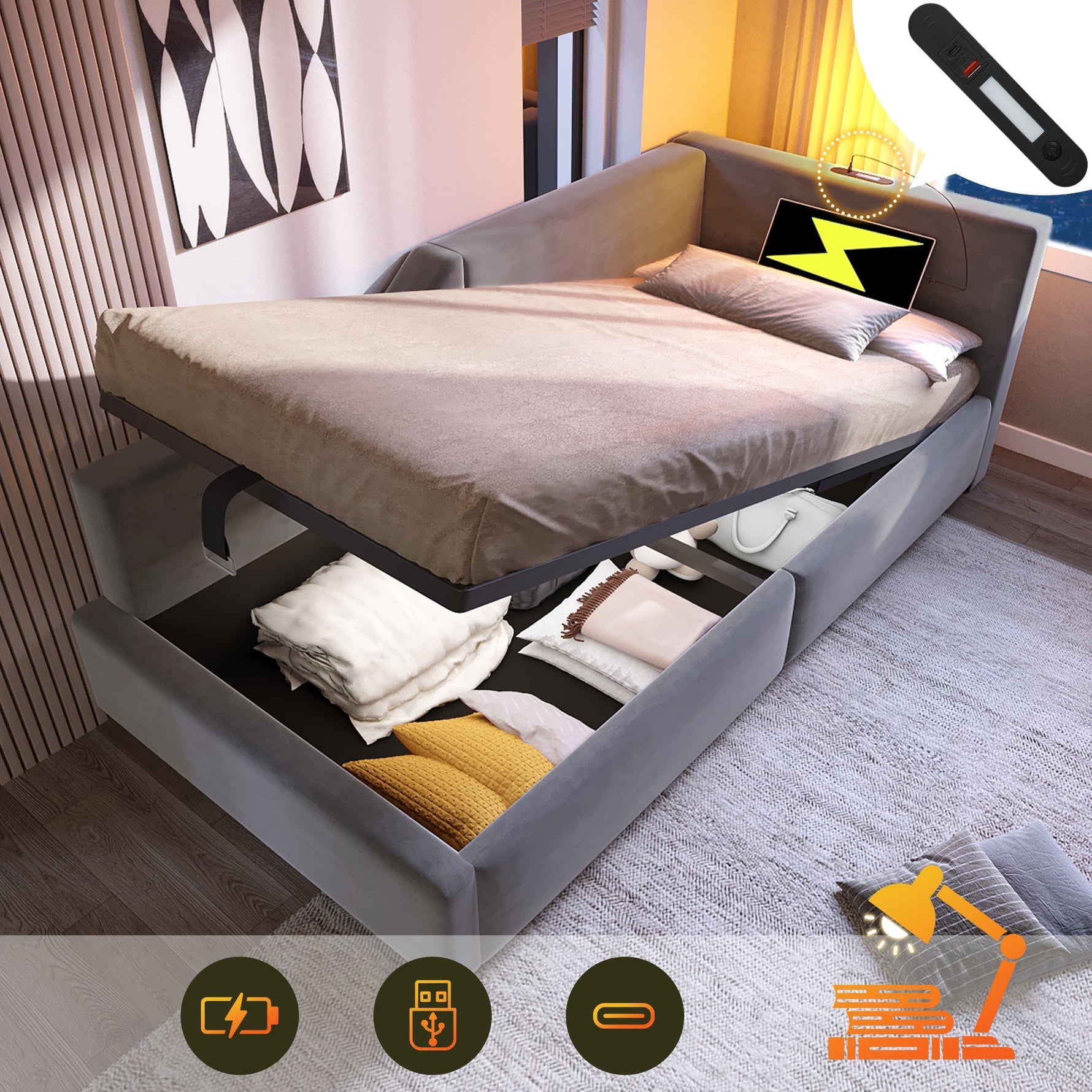 Upholstered Daybed 90x190cm, Sofa Bed with Hydraulic Storage & USB-C, Velvet Grey
