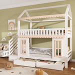 House Bunk Bed 90x200cm with Storage & Drawers, White & Natural