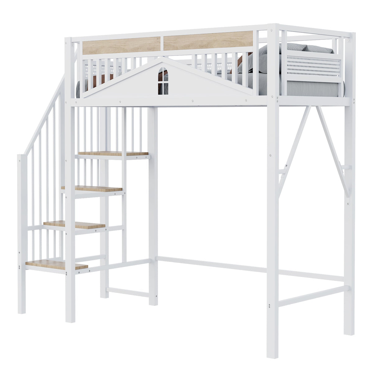 Metal Loft Bed, 90x200cm, Safety Rail with Window & Ladder, White