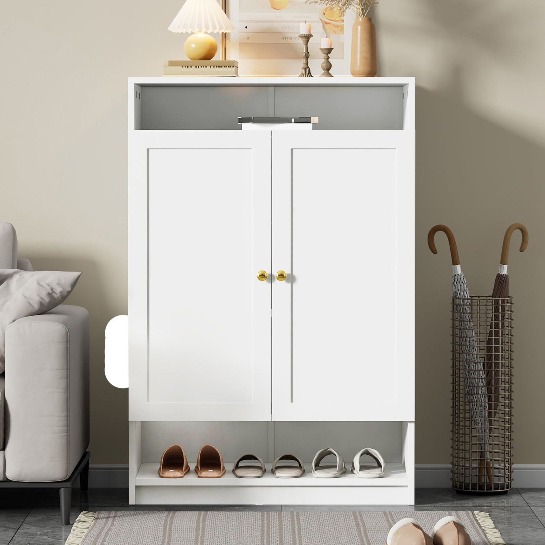 Modern shoe cabinet with adjustable shelves and 2 doors, white